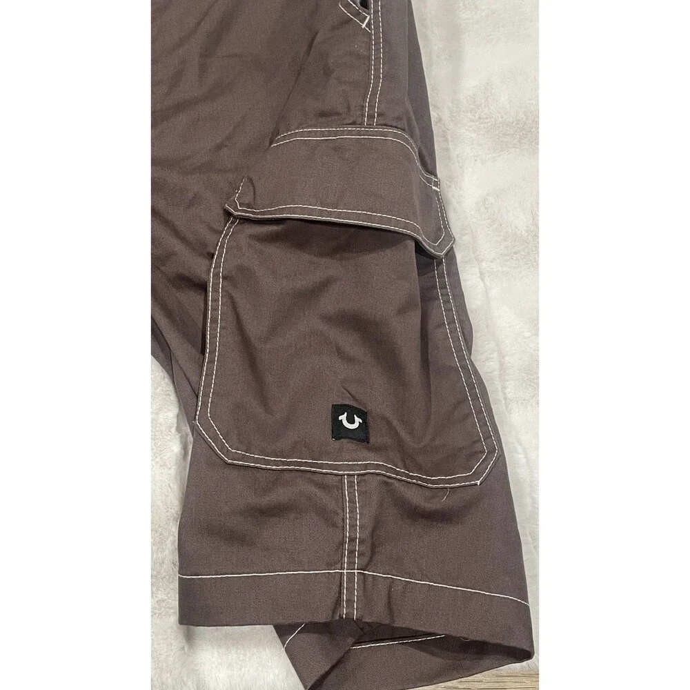 True Religion Cargo Shorts Brown Cotton Canvas Contrast Stitching Utility Men 38
